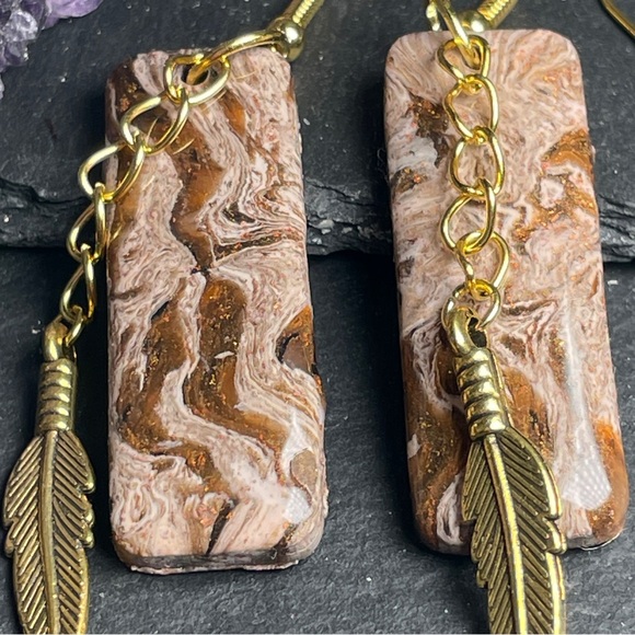 Elegant Hand Crafted Gold and Brown Feather Dangle Earrings - Picture 9 of 14